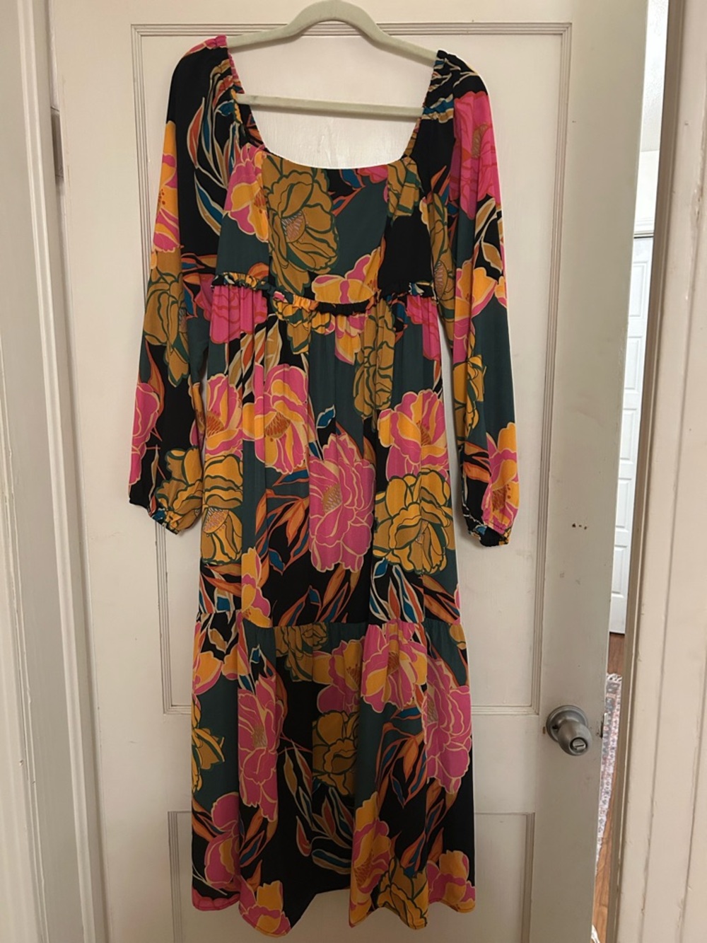 ODDY Floral Scoop-Neck Maxi Dress in Pink, Mustard & Dark Green